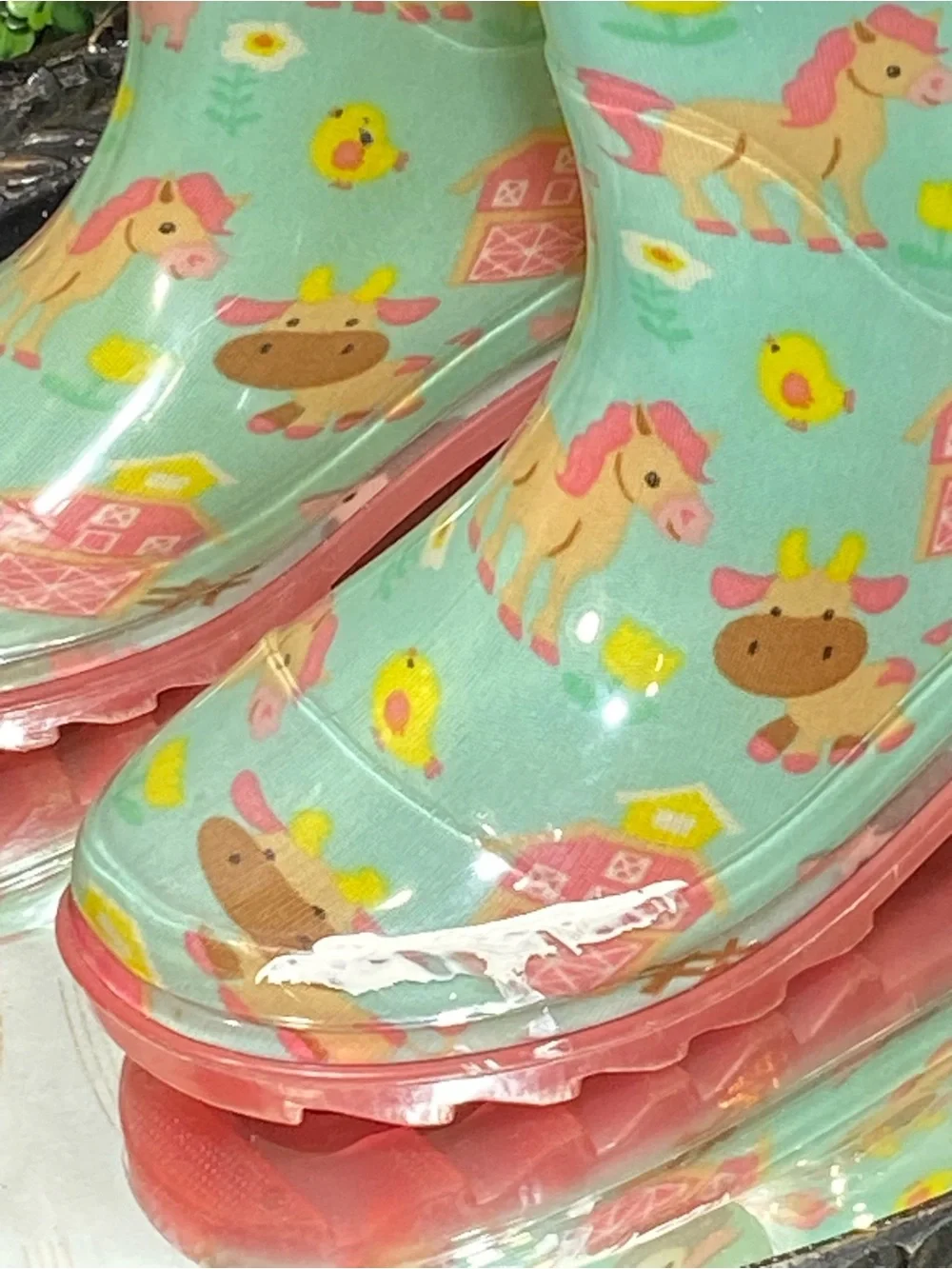 Western Chief Mint Green Farm Animal Rain Boots with Pink Soles
